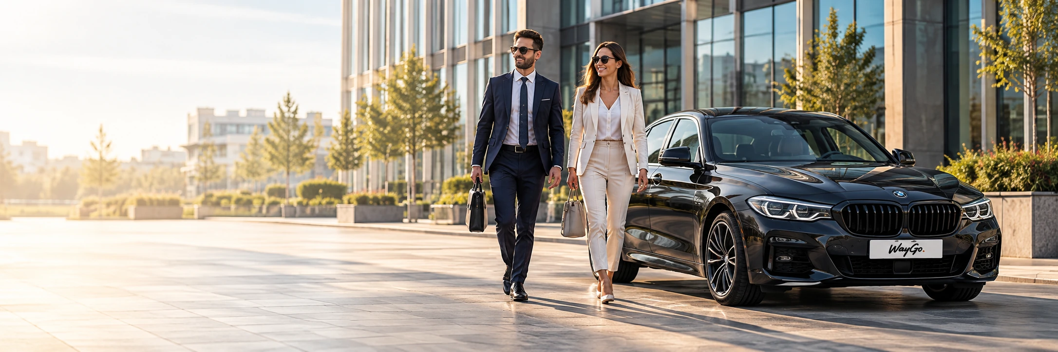 Doi profesioniști în ținută business lângă un BMW negru, în fața unui sediu modern