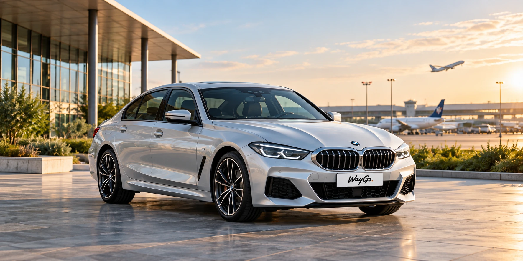 BMW argintiu, complet vizibil, pe o platformă pavată în lumină naturală