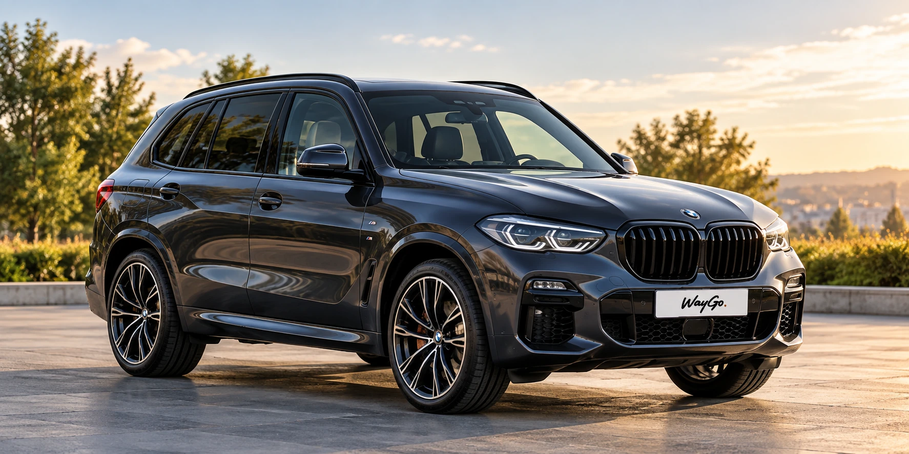 BMW X5 gri închis, complet vizibil